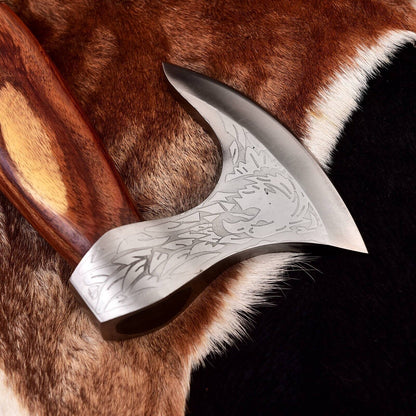 Hand Forged Carbon Steel Viking Battle Hatchet Tomahawk Axe with Ash Wood Handle and Sheath