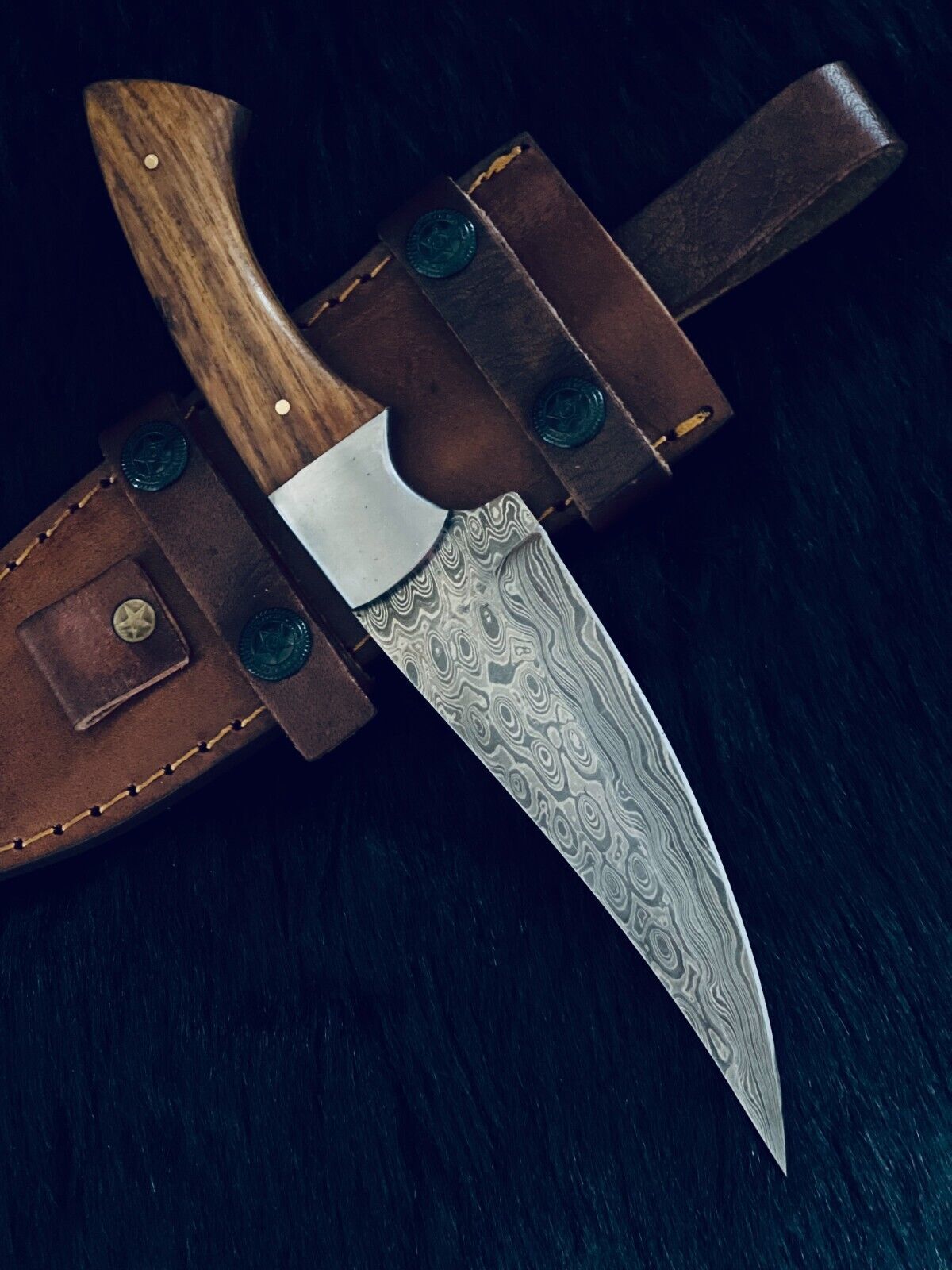 10" Custom Handmade RainDrop Damascus Bowie Hunting Knife – Camel Bone & Wood Handle