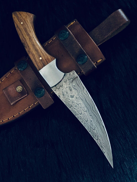 10" Custom Handmade RainDrop Damascus Bowie Hunting Knife – Camel Bone & Wood Handle