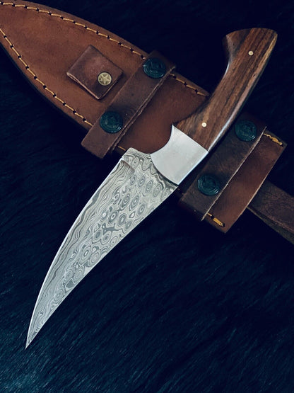 10" Custom Handmade RainDrop Damascus Bowie Hunting Knife – Camel Bone & Wood Handle