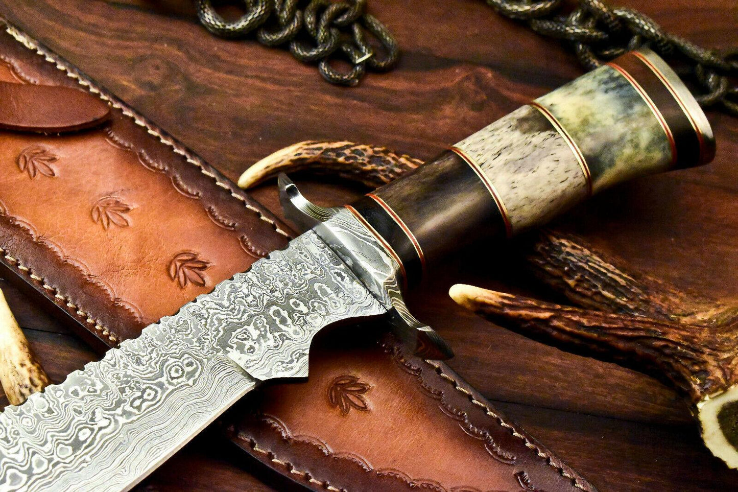 14.5" Damascus Steel Bowie Knife | Camel Bone Handle