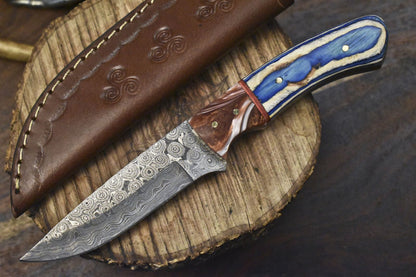 Custom Forged Rain Drop Damascus Skinner Knife with Hard Wood Handle for Camping