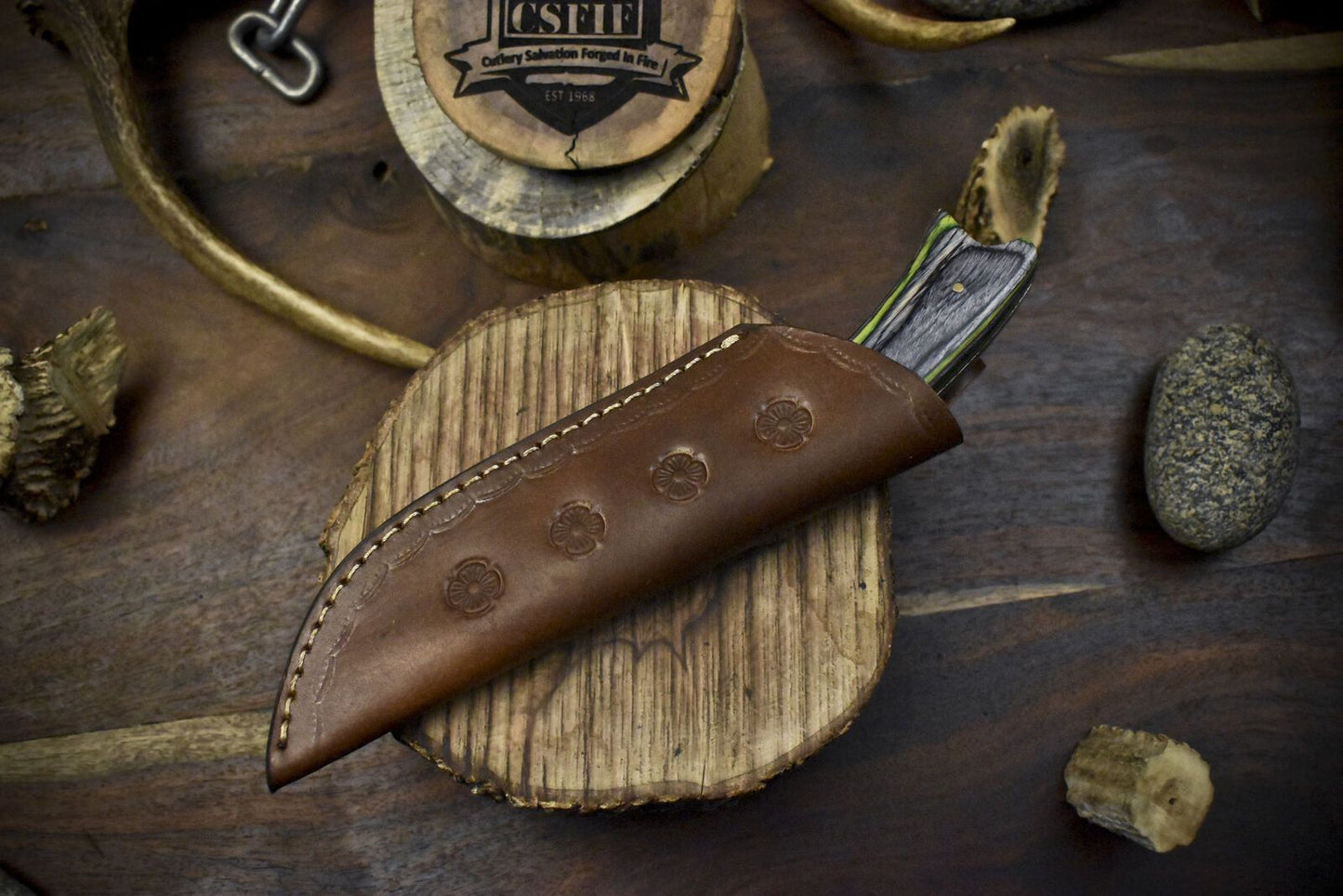 Hand Forged Raindrop Damascus Skinner Knife with Hardwood Handle and Micarta Bolster for Everyday Carry