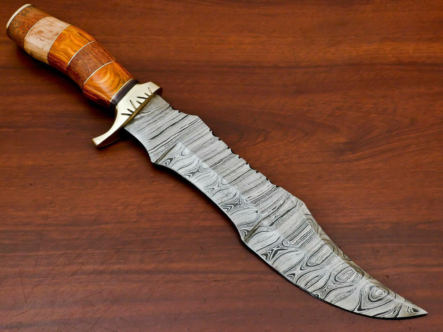 Handmade Damascus Steel Large Bowie Hunting Knife | Rosewood & Pakka Wood Handle