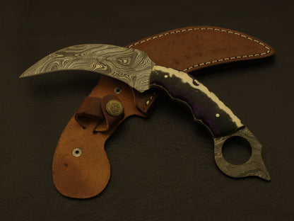 9” Handmade Damascus Karambit Knife With Camel Bone Handle Best Karambit