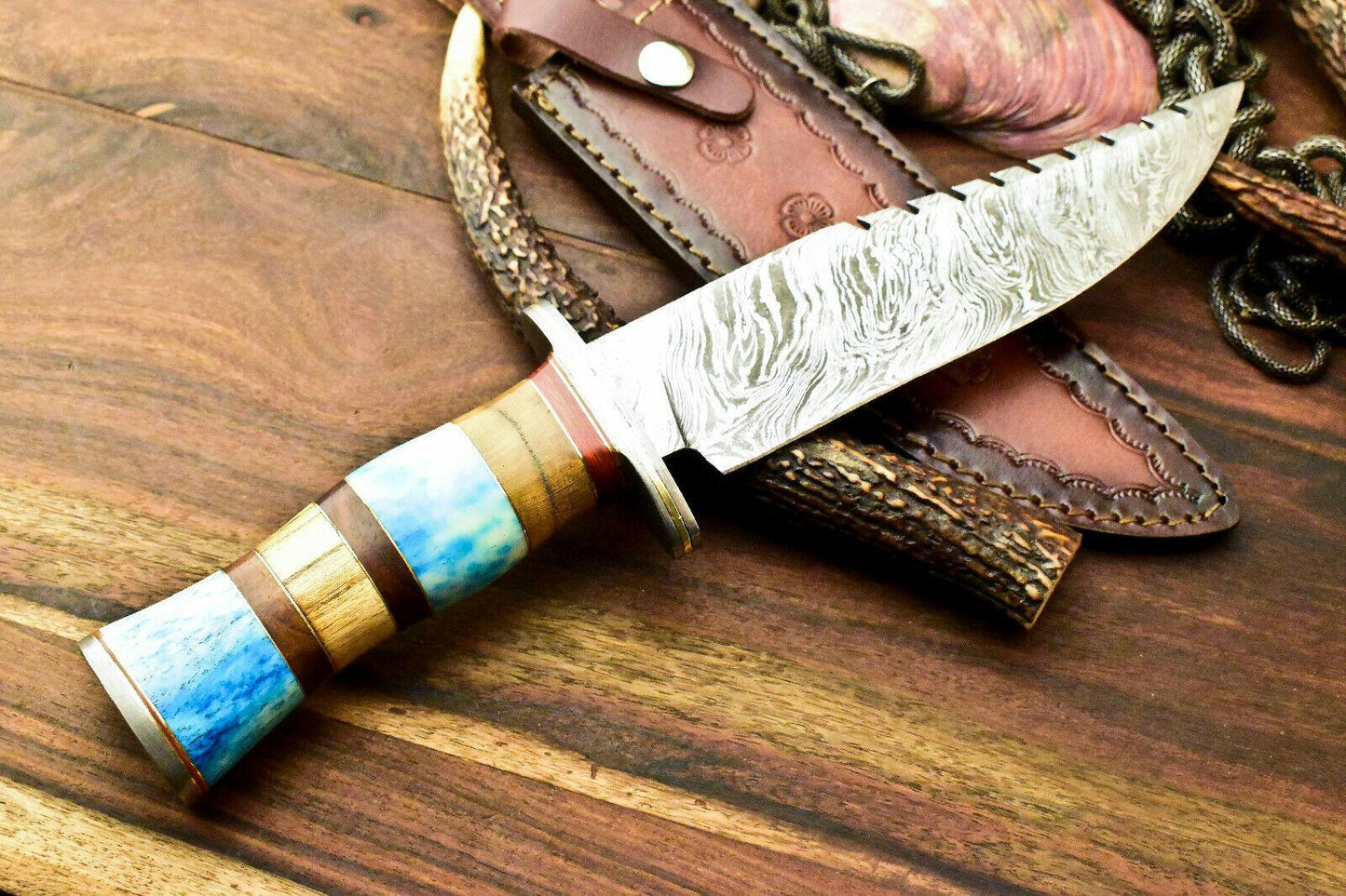 12.5" Rare Handmade Damascus Bowie Hunting Knife with Farms Camel Bone Handle