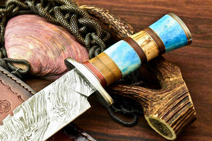 12.5" Rare Handmade Damascus Bowie Hunting Knife with Farms Camel Bone Handle