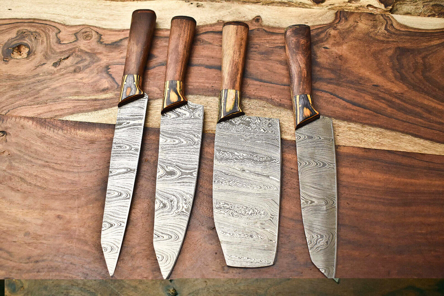 Set of 4 Handmade Damascus Steel Chef Knives – Full Tang Kitchen