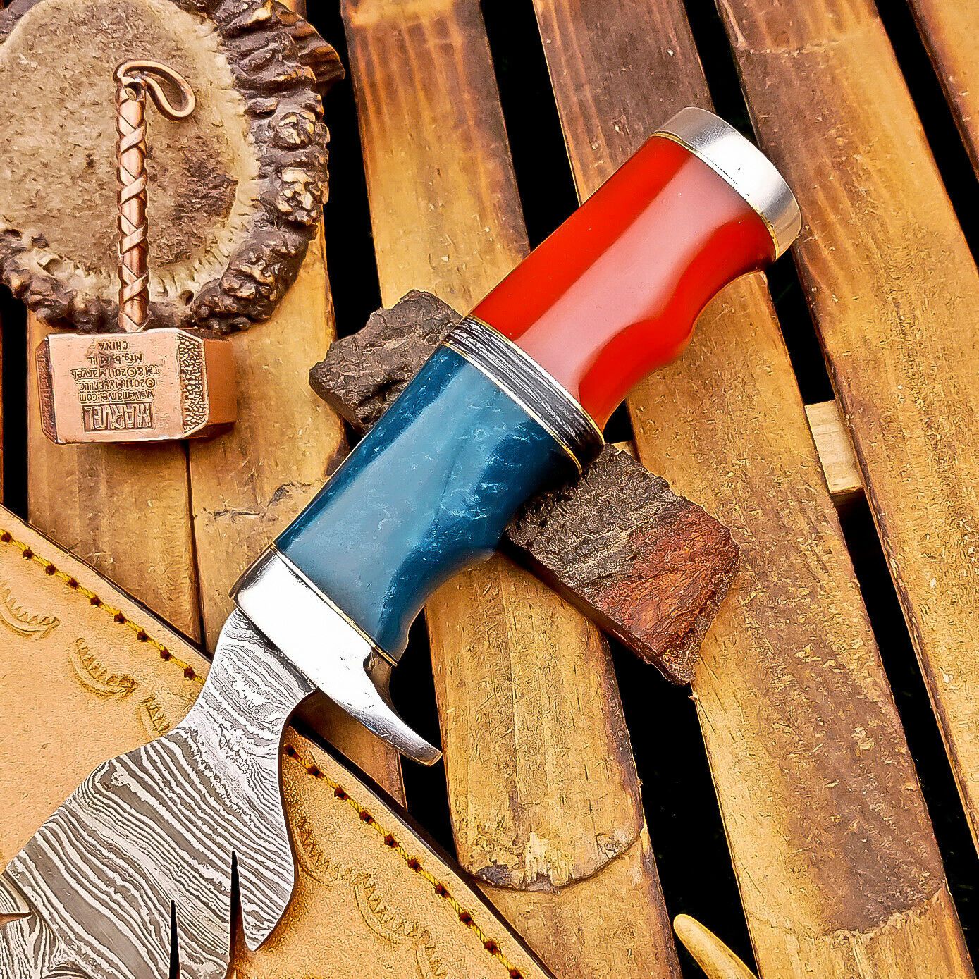 12 Inch Damascus Steel Bowie Knife with Resin Handle and Casted Steel Bolster