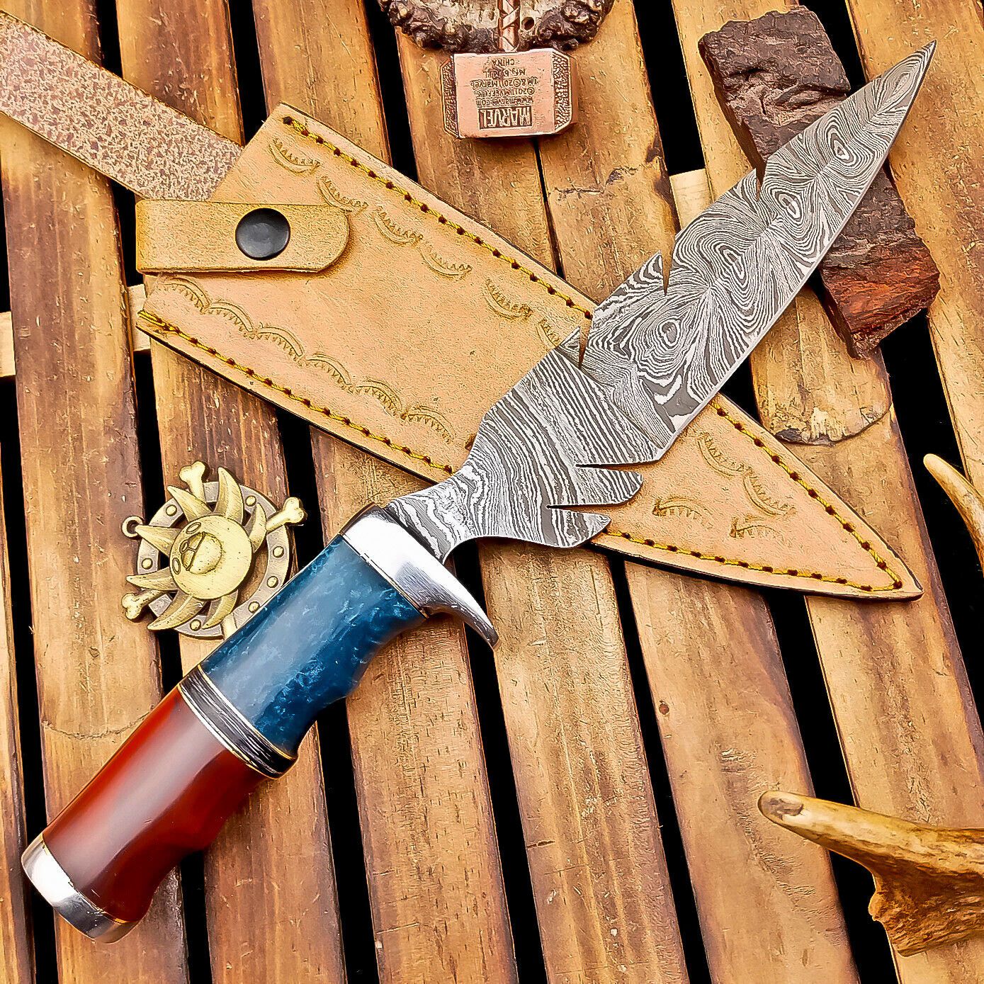 12 Inch Damascus Steel Bowie Knife with Resin Handle and Casted Steel Bolster