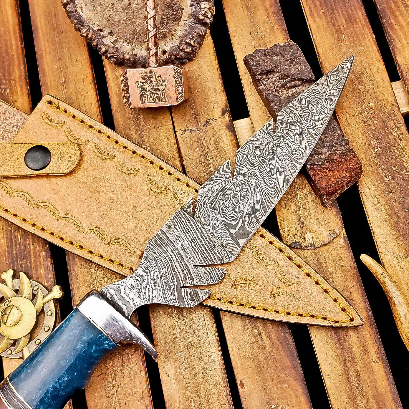 12 Inch Damascus Steel Bowie Knife with Resin Handle and Casted Steel Bolster