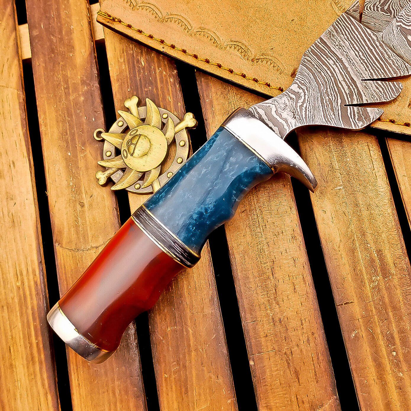 12 Inch Damascus Steel Bowie Knife with Resin Handle and Casted Steel Bolster