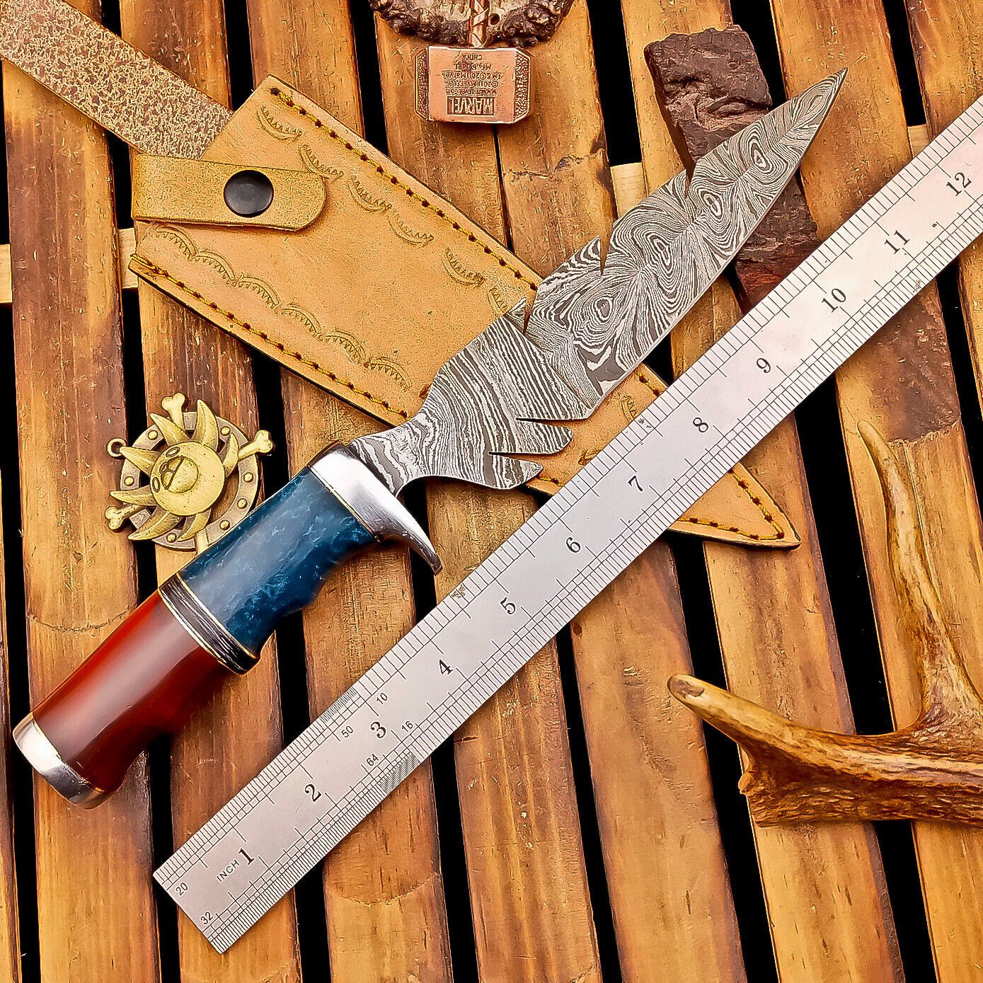12 Inch Damascus Steel Bowie Knife with Resin Handle and Casted Steel Bolster