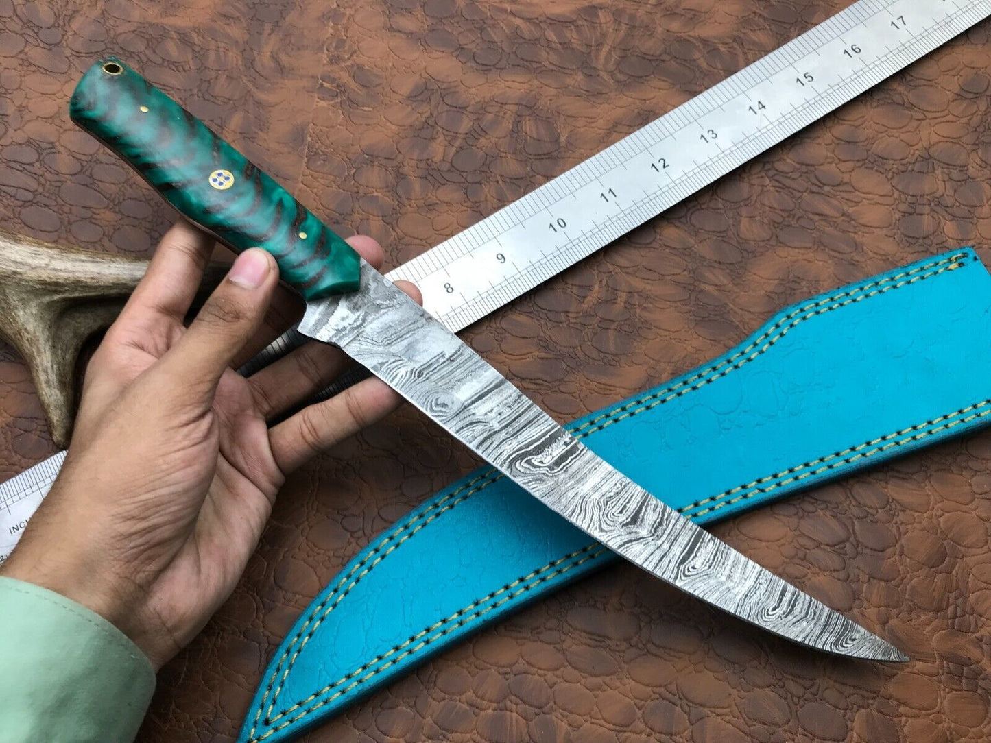 Hand Forged Damascus Fillet Knife 14" Fillet Knife with Leather Sheath