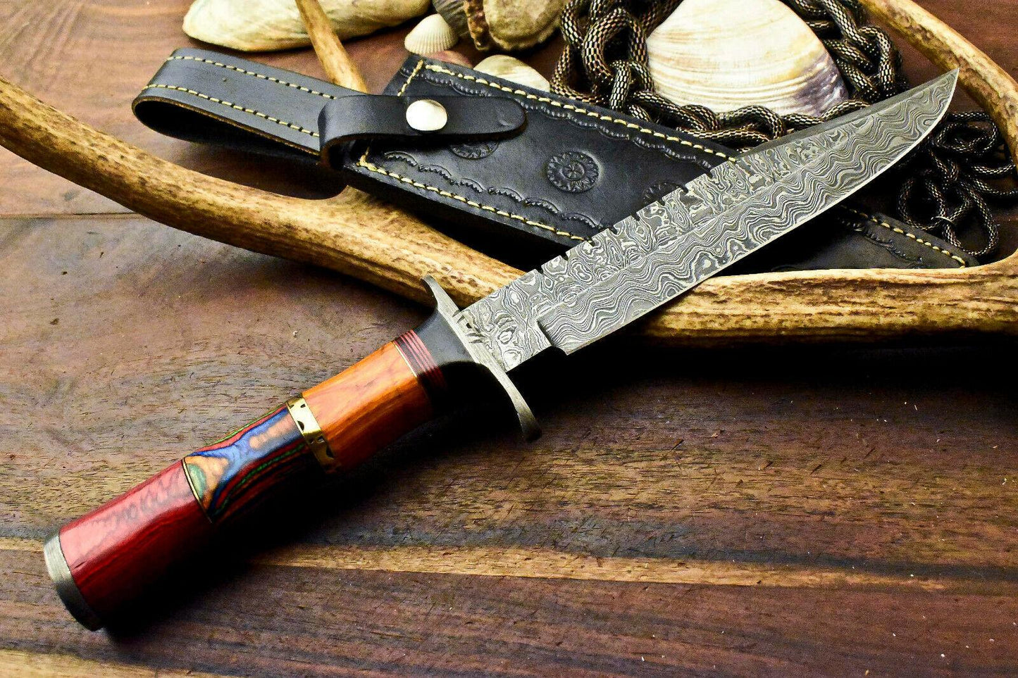 14.5" Damascus Bowie Hunting Knife – Hard Wood Handle with Leather Sheath