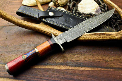 14.5" Damascus Bowie Hunting Knife – Hard Wood Handle with Leather Sheath
