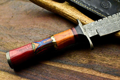14.5" Damascus Bowie Hunting Knife – Hard Wood Handle with Leather Sheath