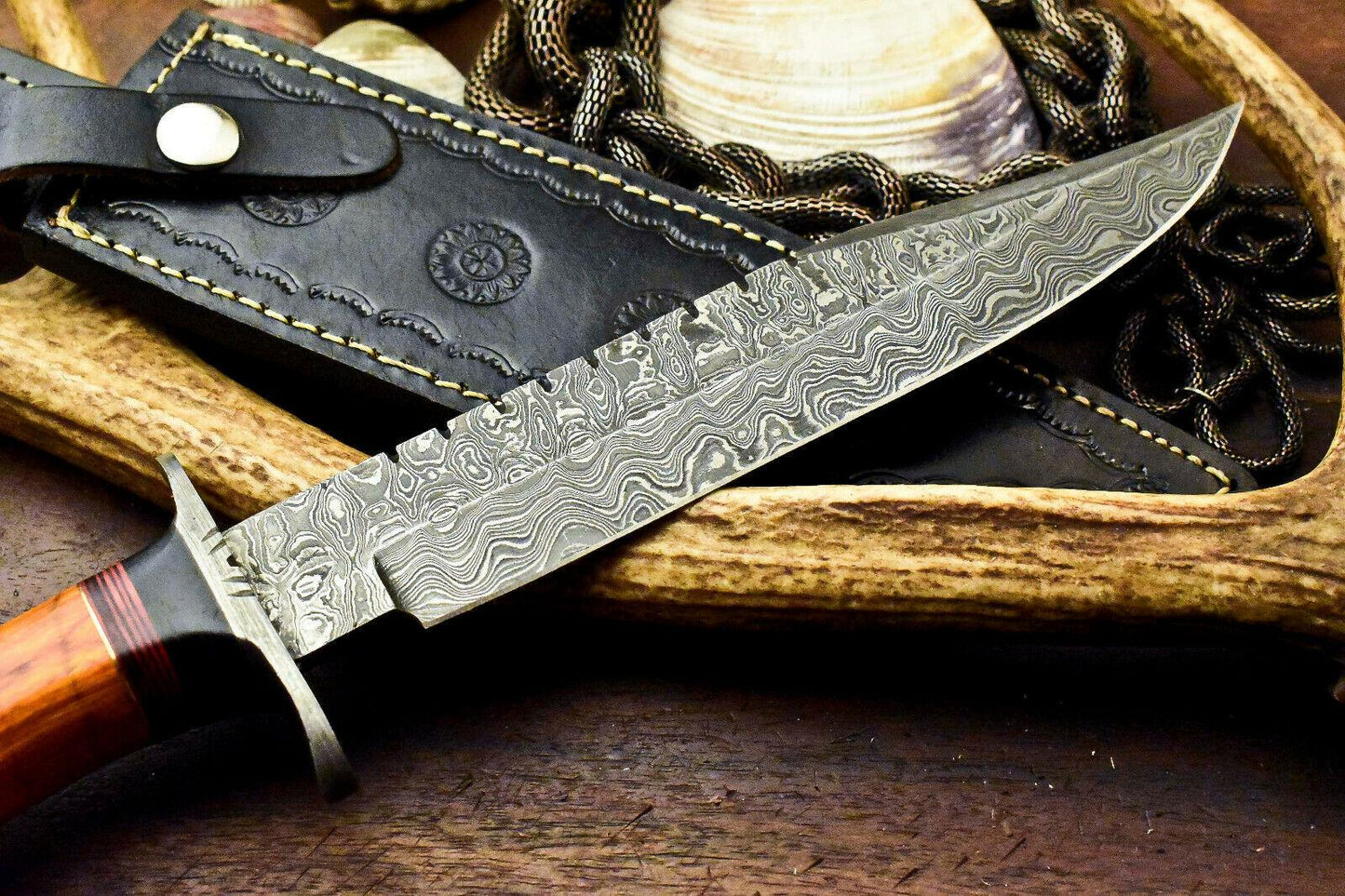 14.5" Damascus Bowie Hunting Knife – Hard Wood Handle with Leather Sheath