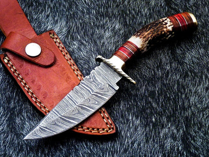 8" Damascus Bowie Knife – Stag Horn Handle & Brass Bolster