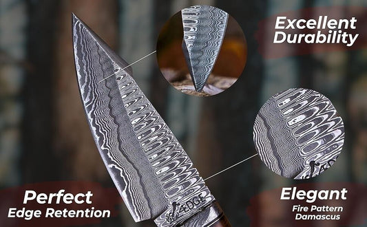 Heritage Forge 10 Inch Damascus Steel Bowie Knife with Rose Wood Handle for Hunting and Camping
