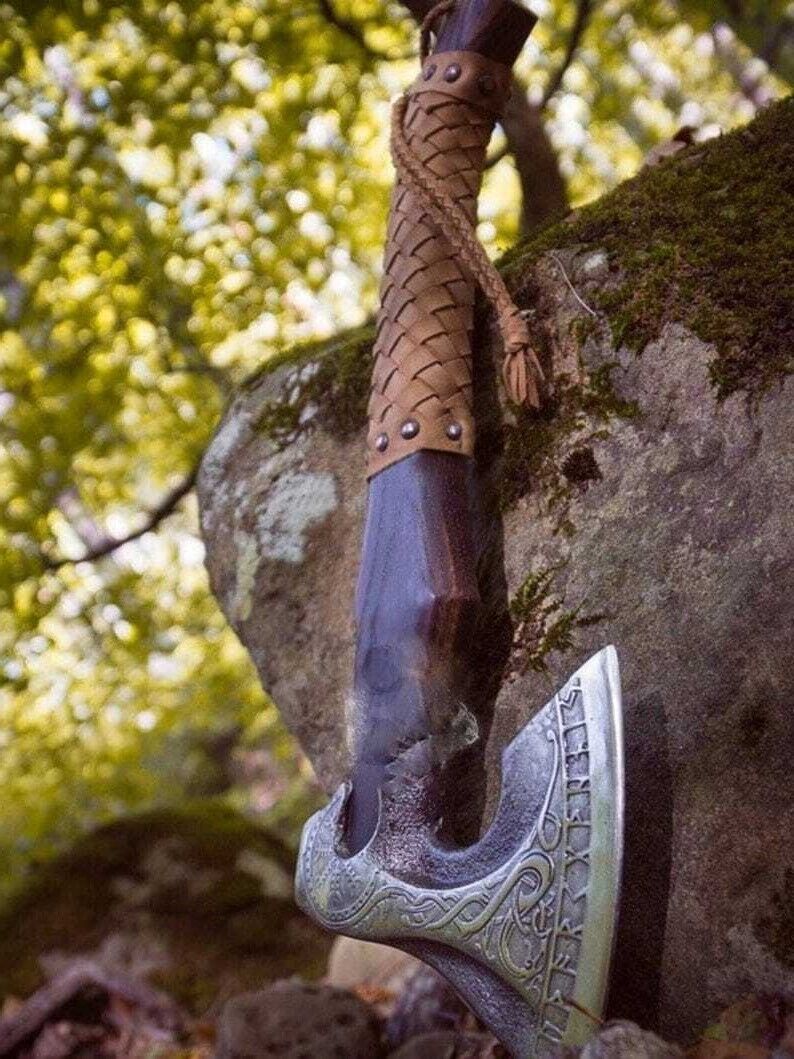 Beautiful Norse Viking Bearded Axe Handmade Carbon Steel Long Leviathan Axe with Sheath 15 Inch