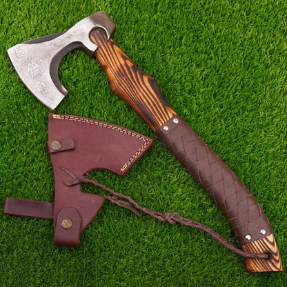 Hand Forged Norse Celtic Viking Axe Bearded Battle Ready VALHALLA Hatchet with Leather Sheath