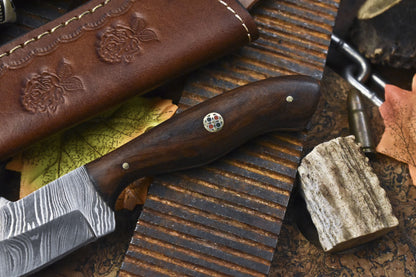 Hot Item 6 Inch Skinner Knife Twist Damascus Bone Handle Brass Guard w/ Leather Sheath