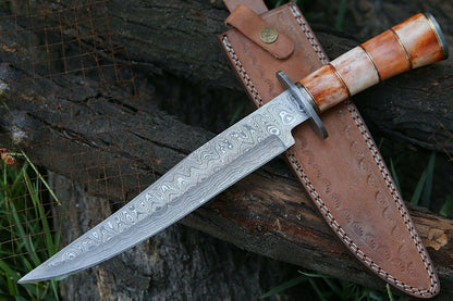 Personalized Custom Handmade Damascus Bowie Hunting Knife with Leather Sheath