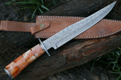 Personalized Custom Handmade Damascus Bowie Hunting Knife with Leather Sheath