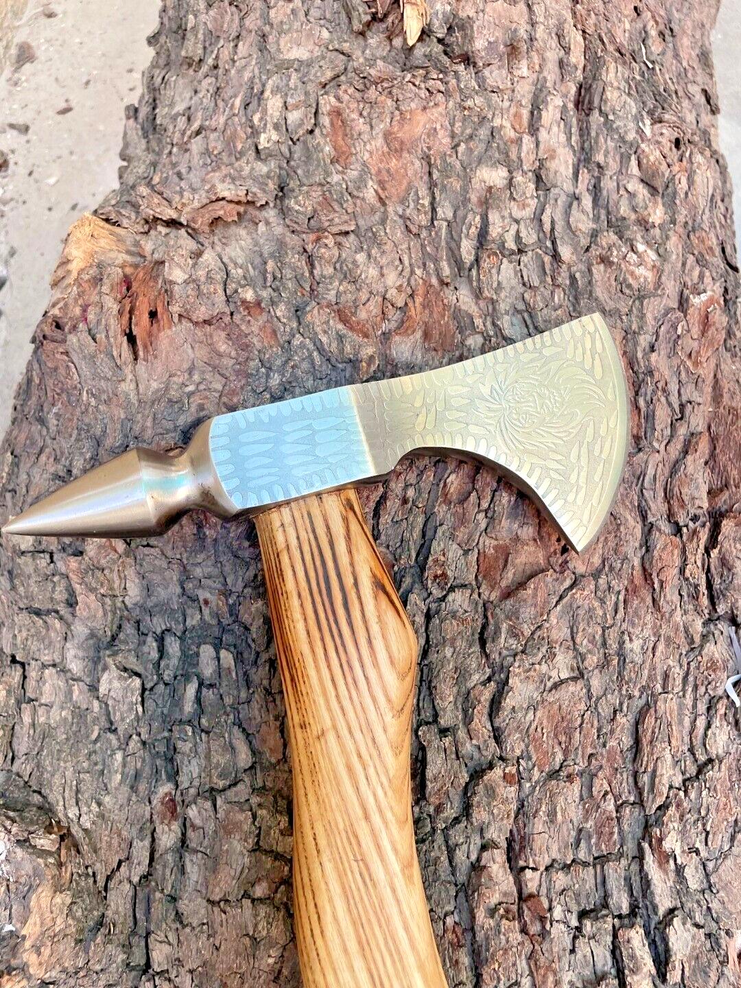 Custom Forged Carbon Steel Viking Axe with Wooden Handle and Leather Sheath for Camping and Bushcraft