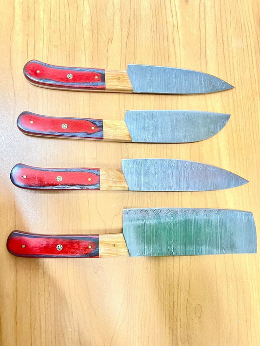 Handmade Damascus Steel Chef Knife Set – 4-Piece Japanese Style Kitchen Knives with Leather Sheath
