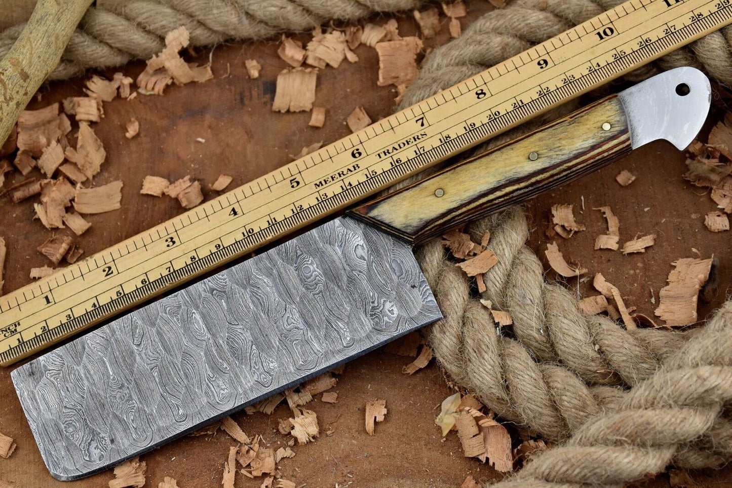 Custom Handmade Damascus Steel Kitchen Chef Cleaver Knife with Leather Sheath