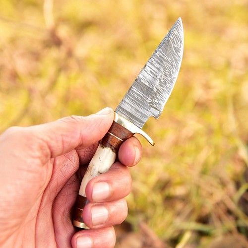 Handmade Damascus Skinner Knife Stag Antler Handle Brass Guard Custom Fixed Blade Hunting Knife