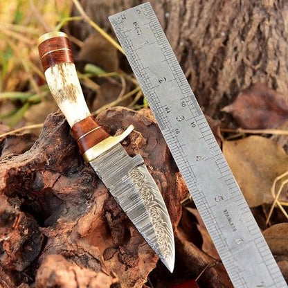 Handmade Damascus Skinner Knife Stag Antler Handle Brass Guard Custom Fixed Blade Hunting Knife