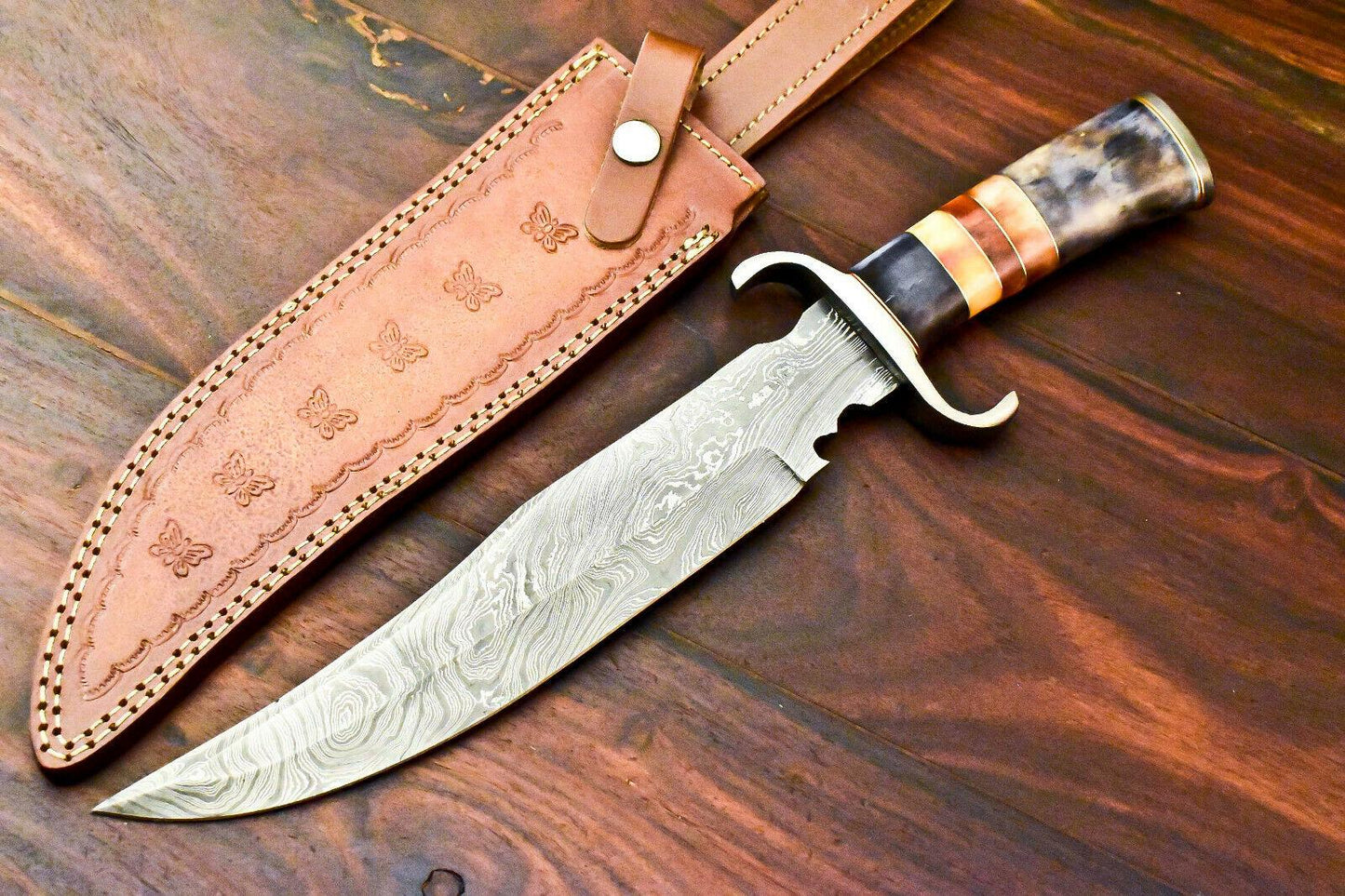 15" Handmade Damascus Bowie Knife with Camel Bone Handle & Leather Sheath