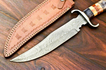 15" Handmade Damascus Bowie Knife with Camel Bone Handle & Leather Sheath
