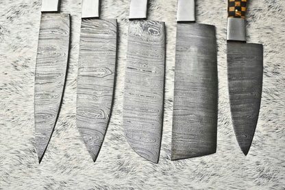 Custom Lot of 5 Handmade Hammered Damascus Steel Chef Knives Set – Professional Kitchen Blades