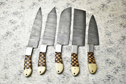 Custom Lot of 5 Handmade Hammered Damascus Steel Chef Knives Set – Professional Kitchen Blades