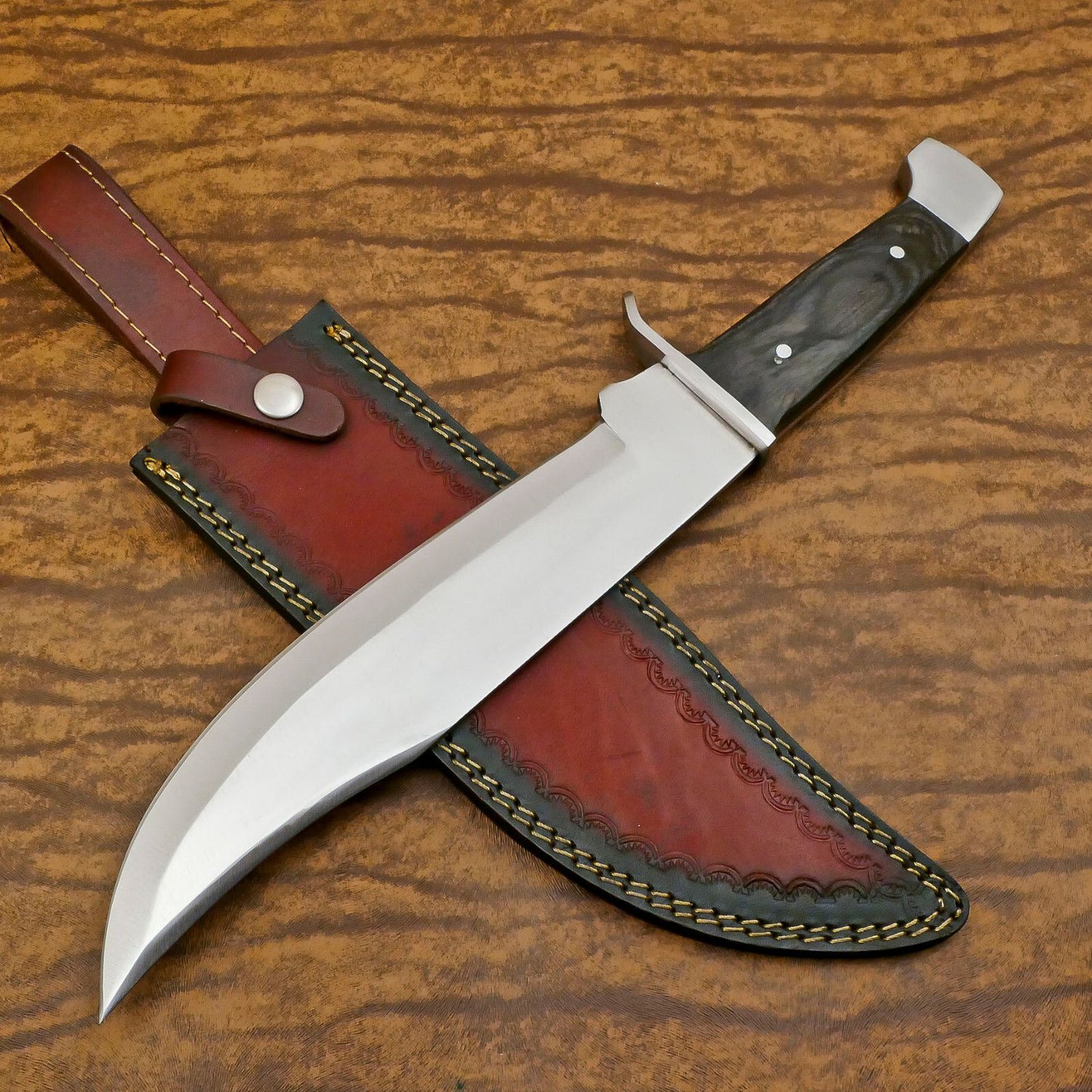 Hand-Forged D2 Steel Large Bowie Hunting Camping Knife with Pakka Wood Handle – 12 Inch Full Tang