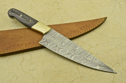 12.25" Handmade Damascus Steel Chef Kitchen Knife – Pakka Wood Handle, Brass Bolster, 512 Layers