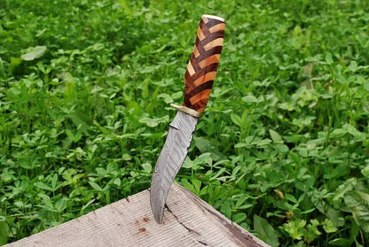 Custom Handmade Damascus Steel Hunting Knife | Wood Handle | Fixed Blade Skinner Knife with Sheath