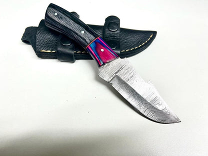 Handmade Custom Damascus Tracker Knife – Wood Handle Hunting & Camping with Sheath