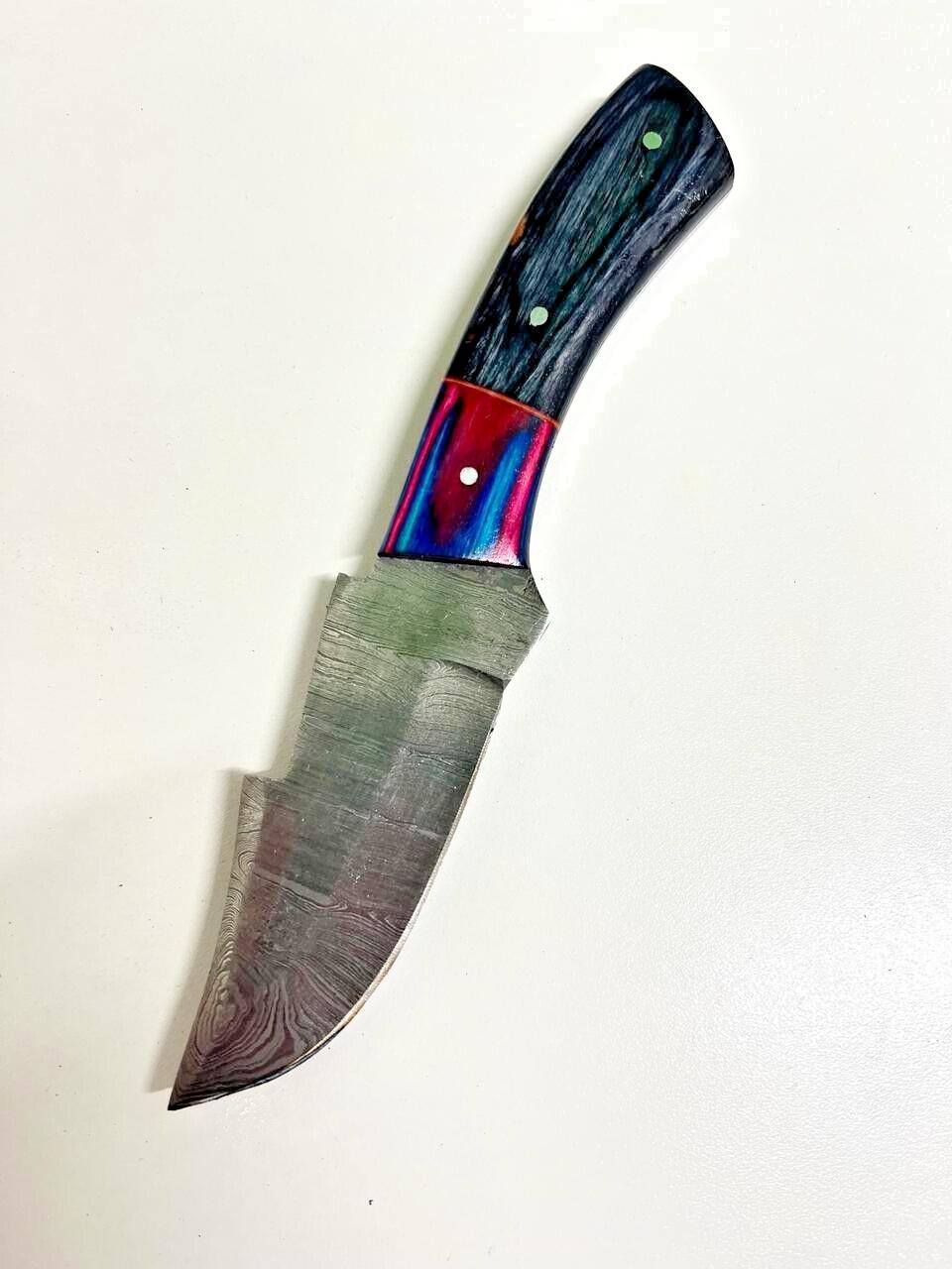 Handmade Custom Damascus Tracker Knife – Wood Handle Hunting & Camping with Sheath