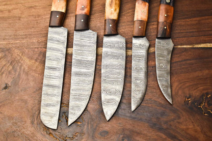 Custom Lot of 5 Handmade Hammered Damascus Steel Blade Chef Knife Set – Full Tang Professional Kitchen Knives