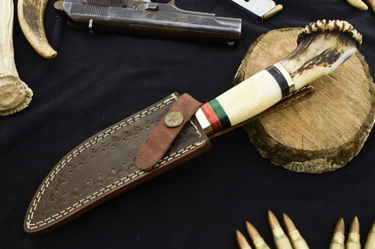 Handmade Damascus Bowie Hunting Knife – Stag & Camel Bone Handle