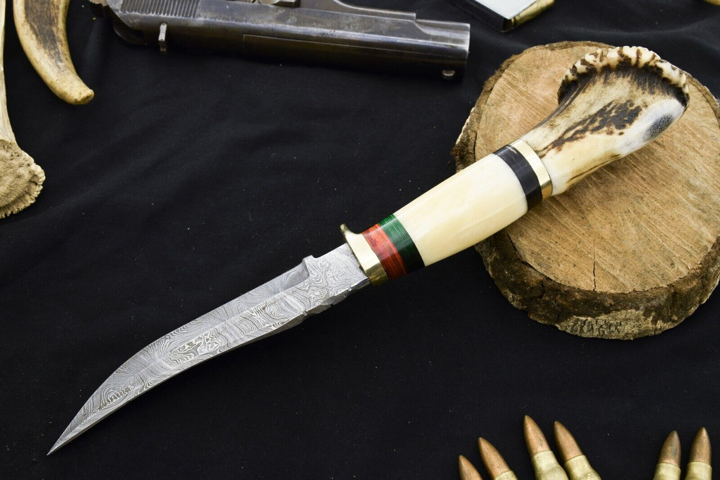 Handmade Damascus Bowie Hunting Knife – Stag & Camel Bone Handle