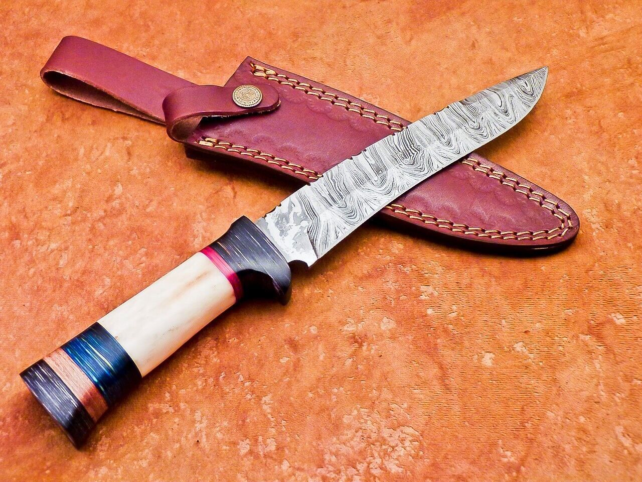 12" Damascus Steel Bowie Knife – Camel Bone & Hardwood Handle with Leather Sheath