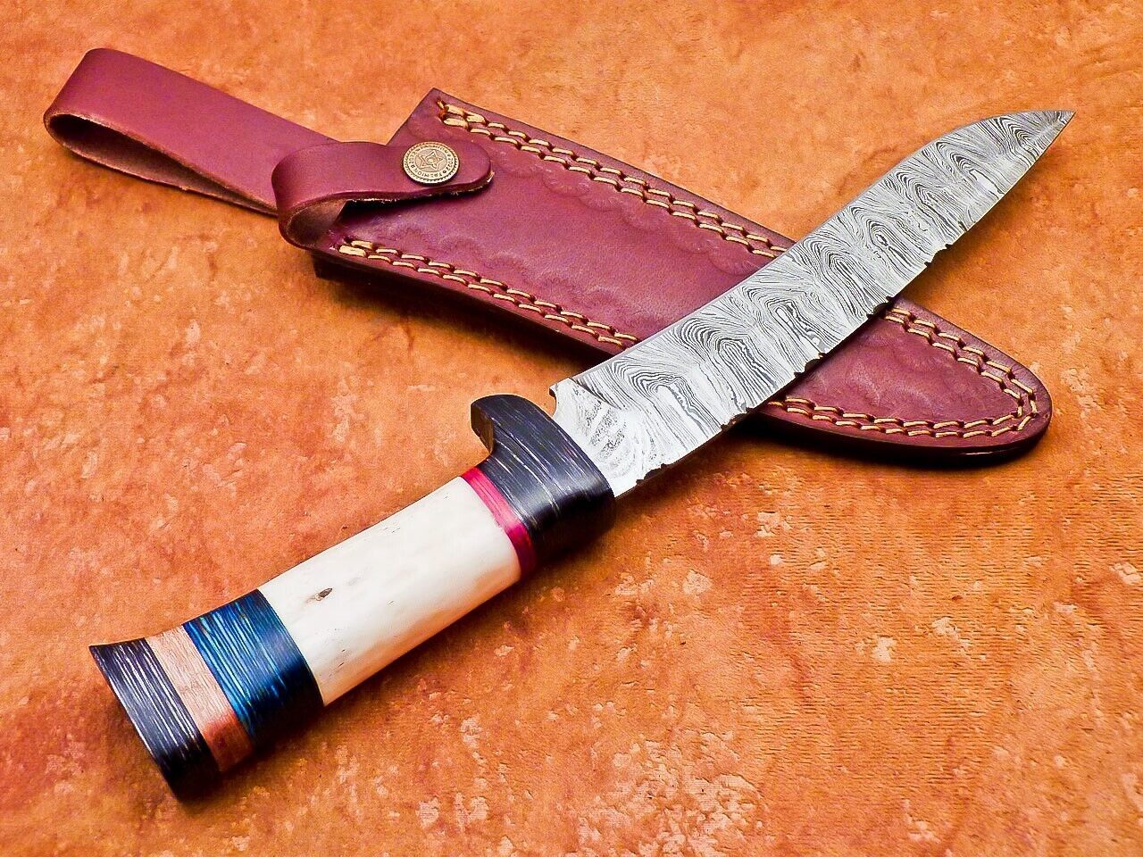 12" Damascus Steel Bowie Knife – Camel Bone & Hardwood Handle with Leather Sheath