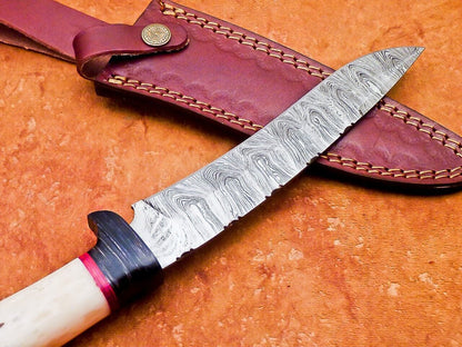 12" Damascus Steel Bowie Knife – Camel Bone & Hardwood Handle with Leather Sheath
