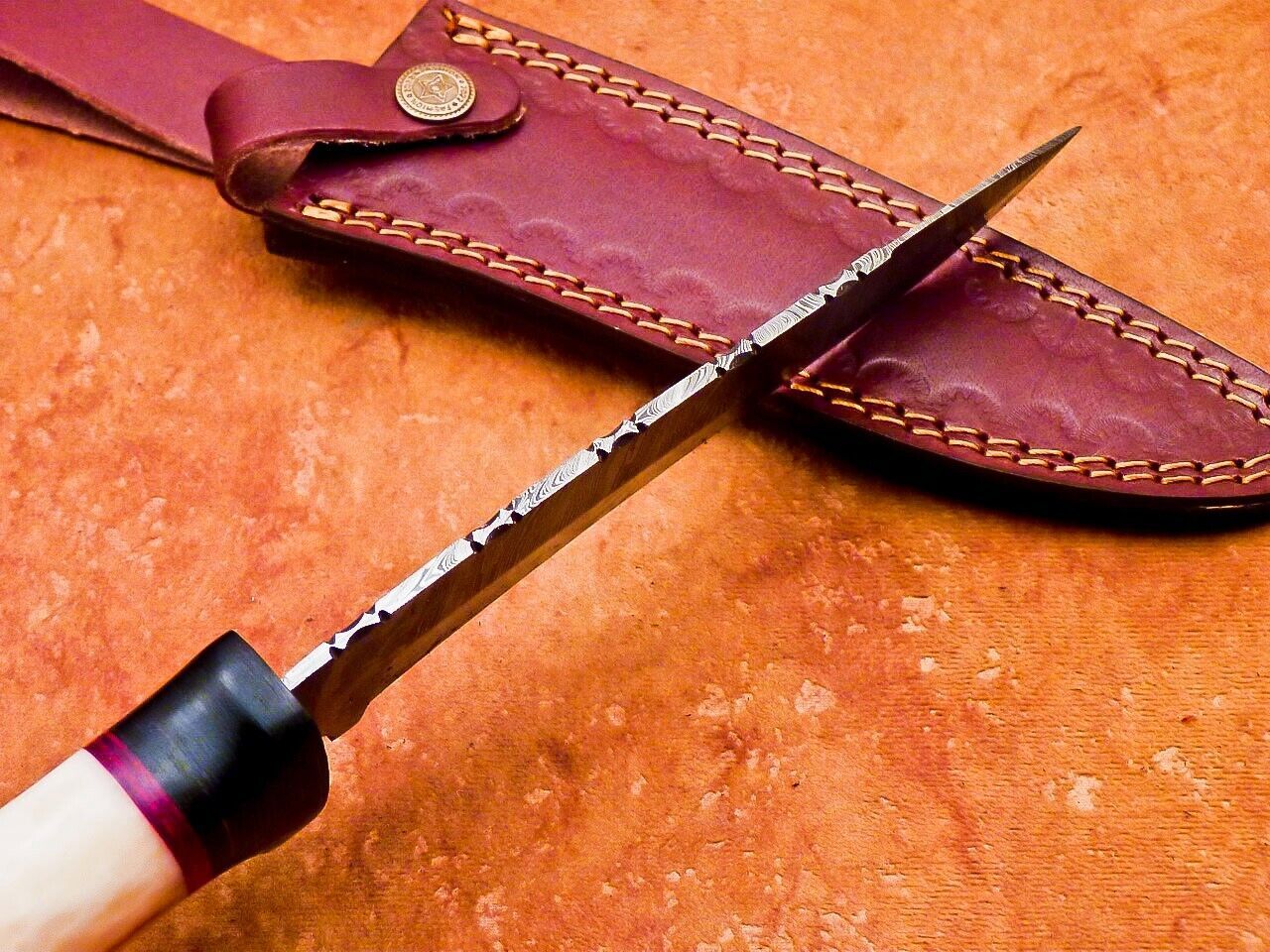 12" Damascus Steel Bowie Knife – Camel Bone & Hardwood Handle with Leather Sheath